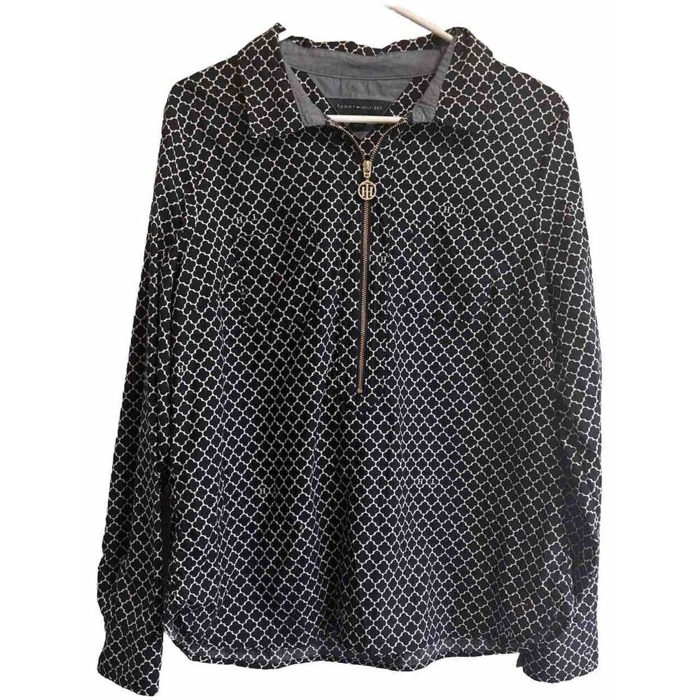 Half Zip Blue Roll Tab Sleeves Top Nautical Vacation TOMMY HILFIGER Women’s Sz L